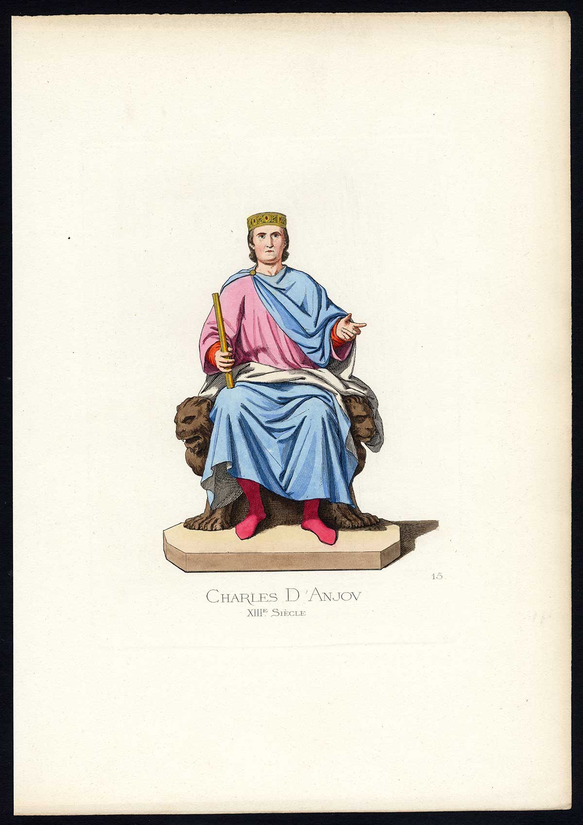 , Antique Print-CHARLES I- ANJOU-COSTUME-13TH CENTURY-PL 15-Bonnard-Mercuri-1860, Pictura Antique Prints