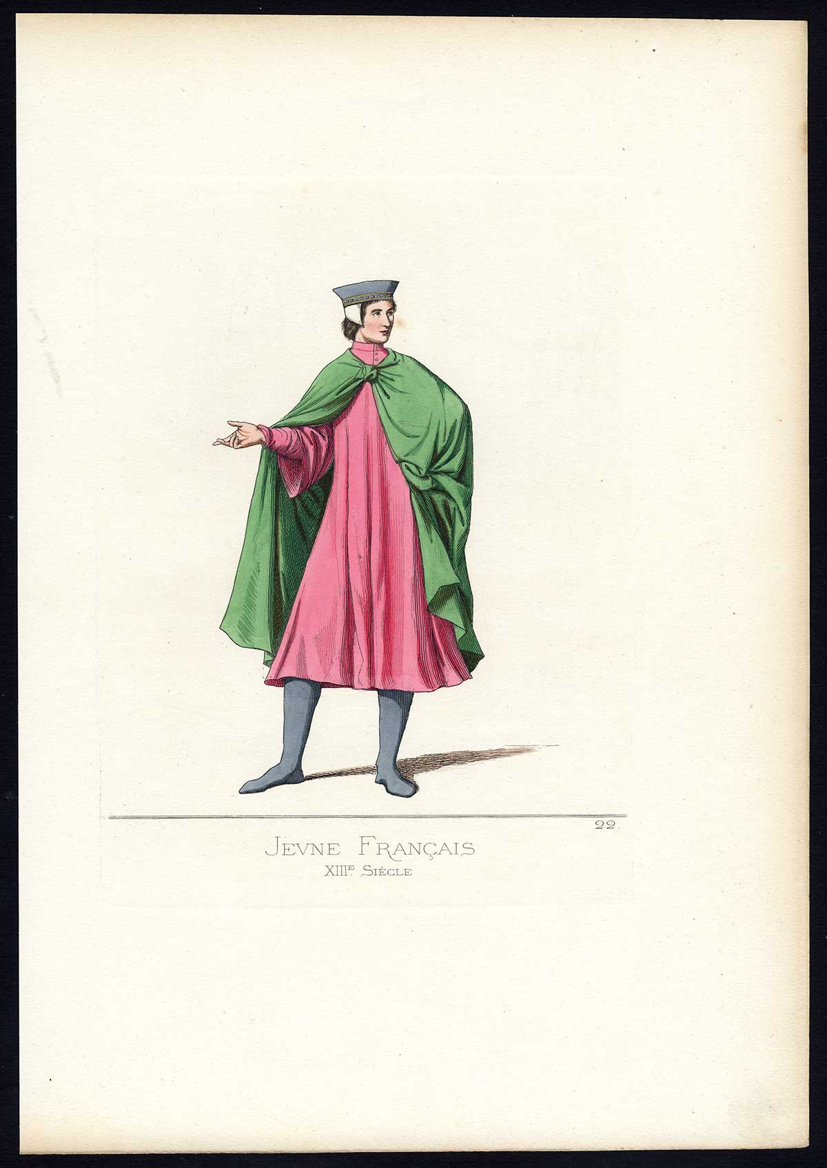 , Antique Print-FRANCE-YOUNG MAN-COSTUME-13TH CENTURY-PL 22-Bonnard-Mercuri-1860, Pictura Antique Prints