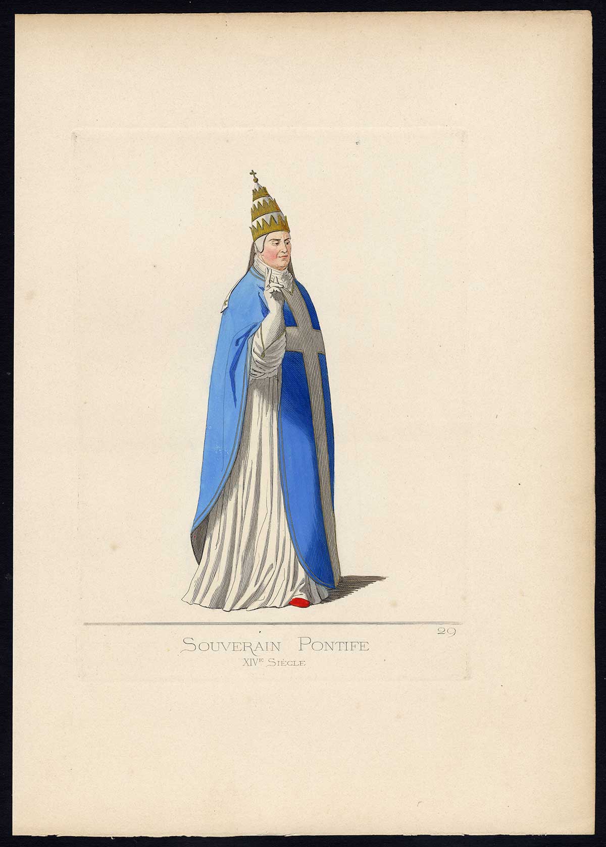 , Antique Print-POPE-VATICAN-COSTUME-14TH CENTURY-PLATE 29-Bonnard-Mercuri-1860, Pictura Antique Prints