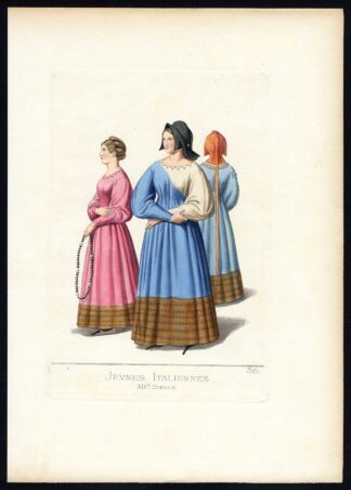 Antique Print-WOMAN-ITALY-COSTUME-14TH CENTURY-PLATE 36-Bonnard-Mercuri-1860