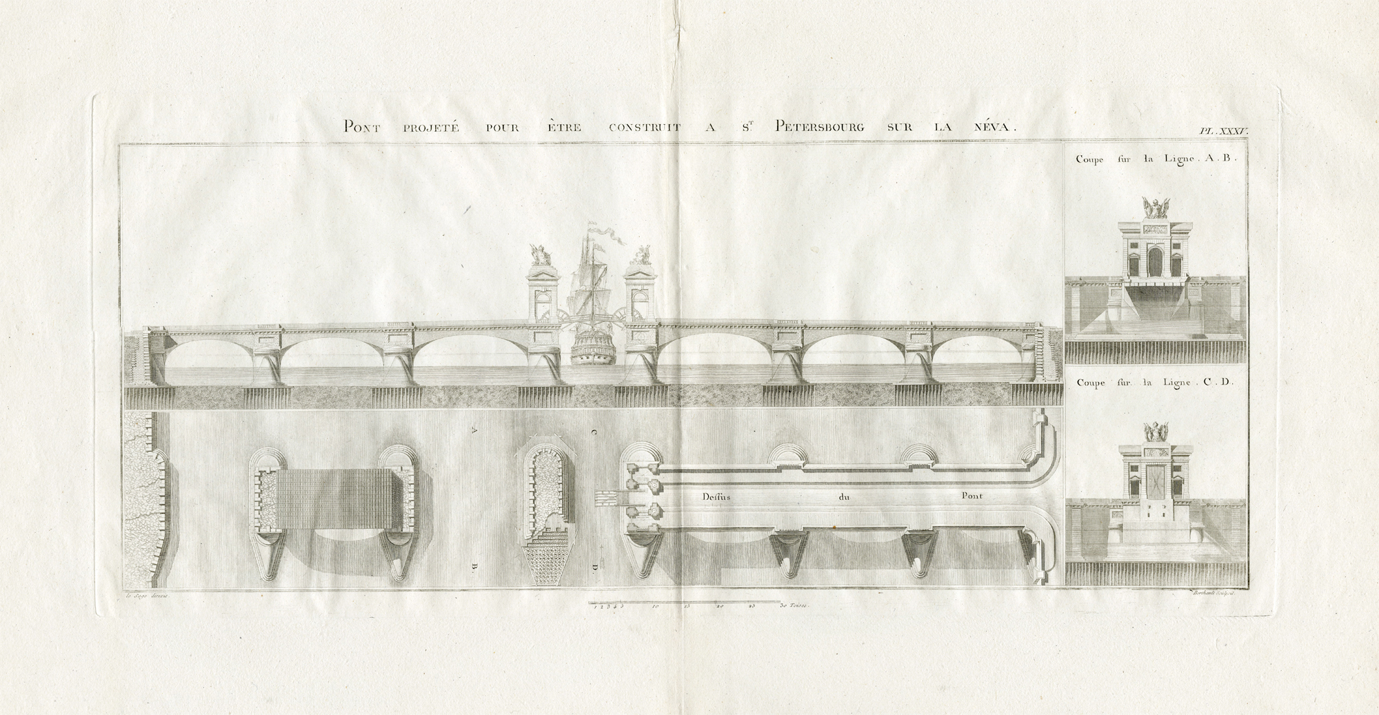 , Antique Print-Pl.XXXV-BRIDGE-NEVA-ST. PETERSBURG-BASCULE-RUSSIA-Perronet-1782, Pictura Antique Prints