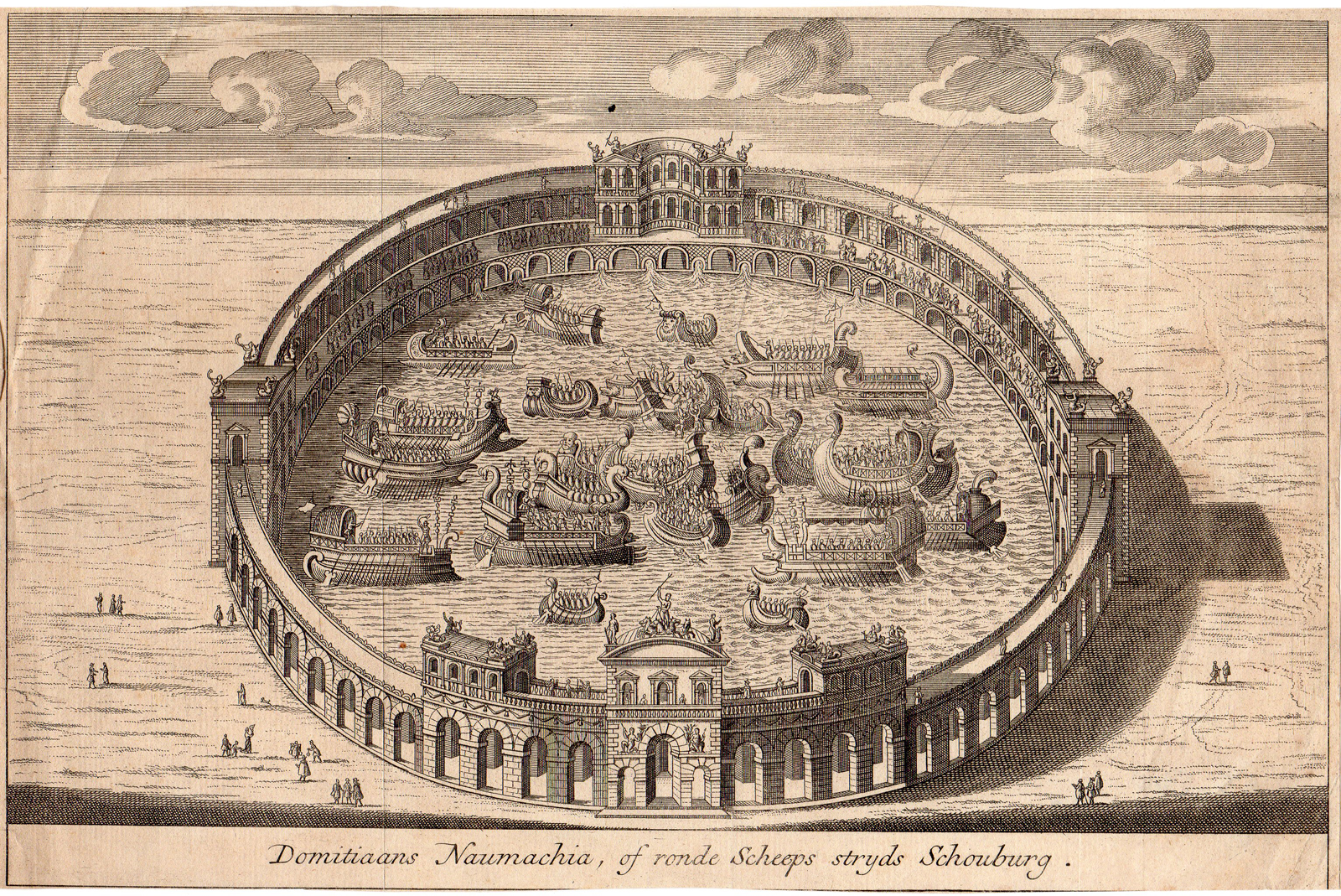 , Antique Print-SHIPBATTLE-ROMAN-THEATRE-ROME-ITALY-Lauro-c.1750, Pictura Antique Prints