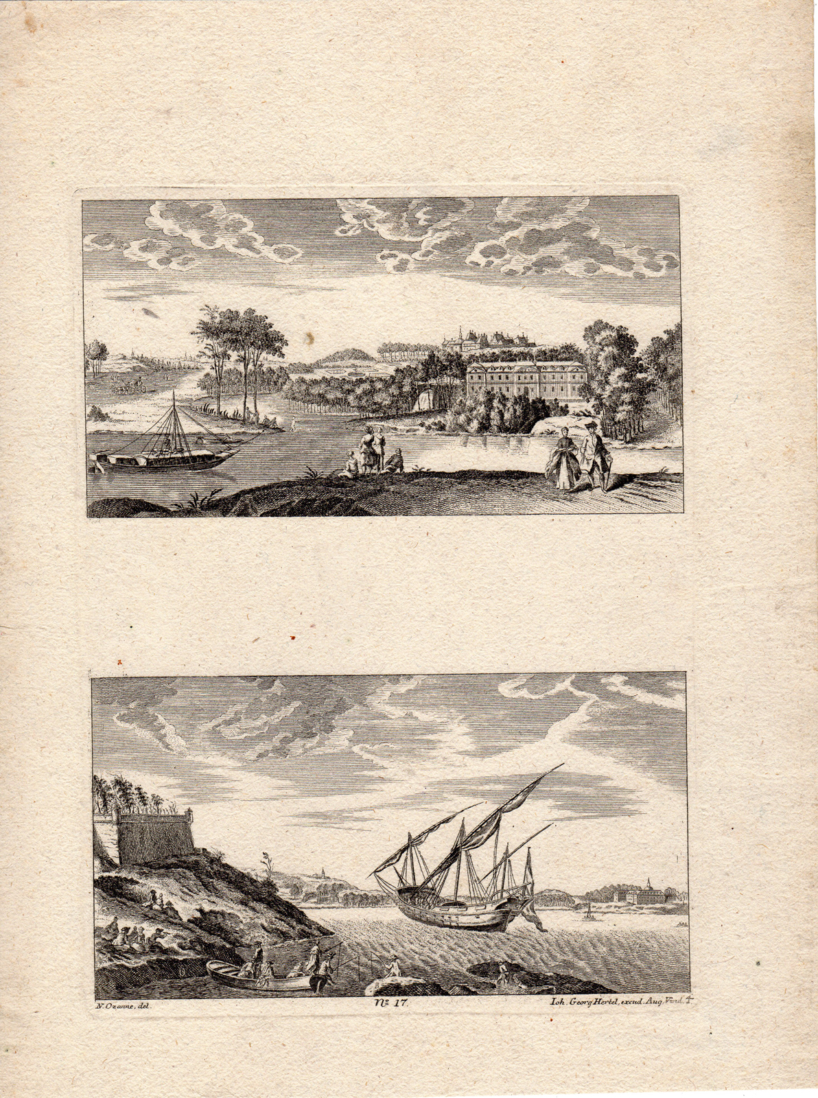 , 2 Antique Prints-LANDSCAPE-MARINE- SHIP-Ozanne-Hertel-c.1750, Pictura Antique Prints