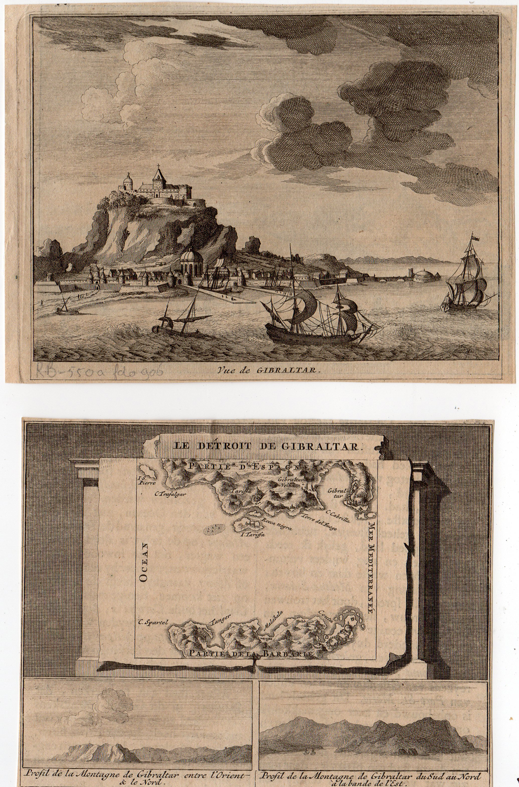 , 2 Antique Prints-GIBRALTAR-SEA-CASTLE-van der Aa-c.1727, Pictura Antique Prints