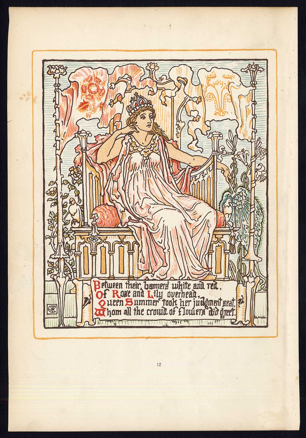 , Antique Print-CHILDREN’S STORY-QUEEN SUMMER-ART NOUVEAU-JUGENDSTIL-12-Crane-1891, Pictura Antique Prints