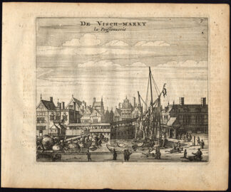 Rare Antique Print-AMSTERDAM-FISH MARKET-BOAT-CANAL-Webbers-Veenhuysen-1665