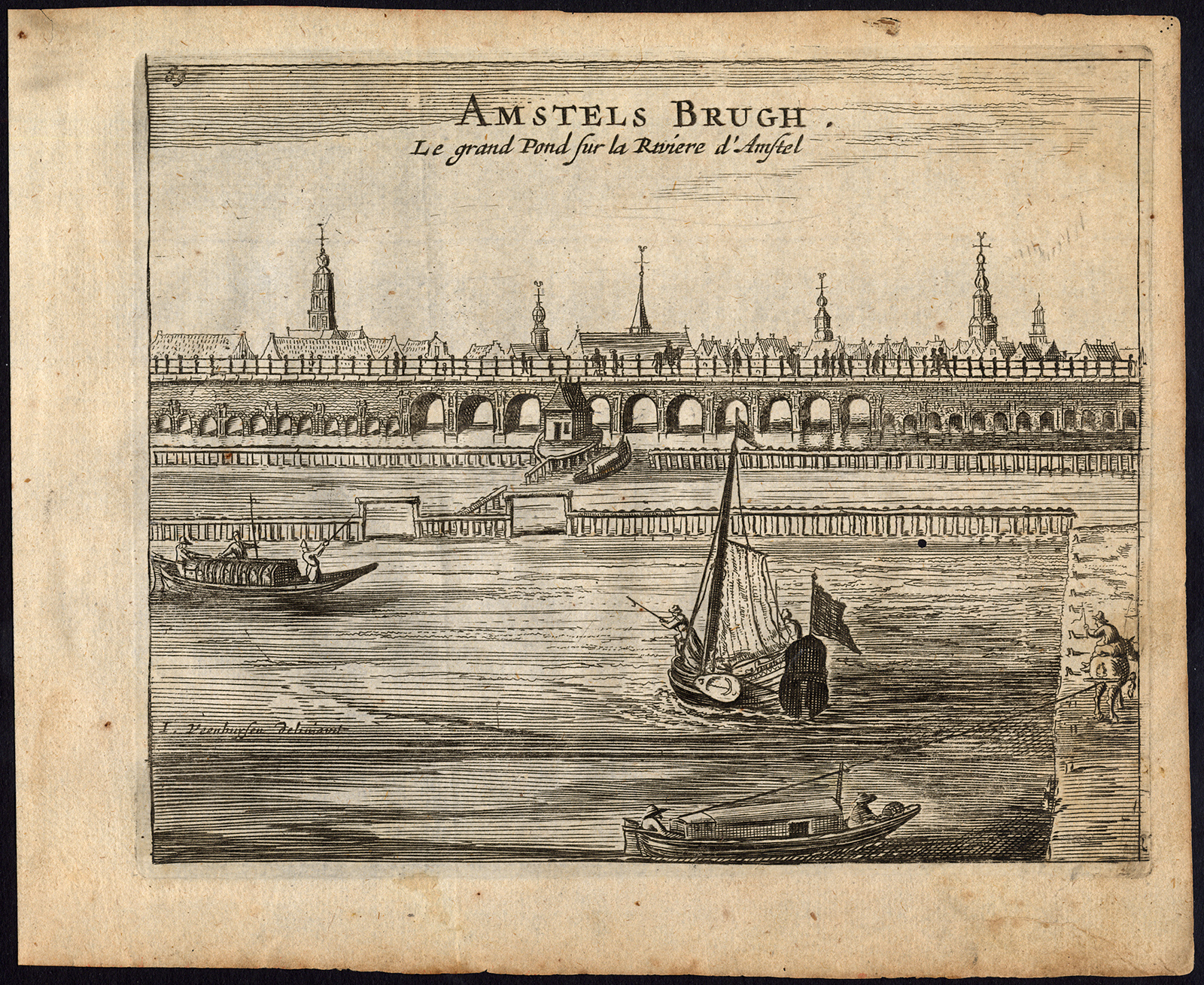 , Antique Print-AMSTERDAM-BRIDGE-RIVER AMSTEL-HORSE BARGE-Webbers-Veenhuysen-1665, Pictura Antique Prints