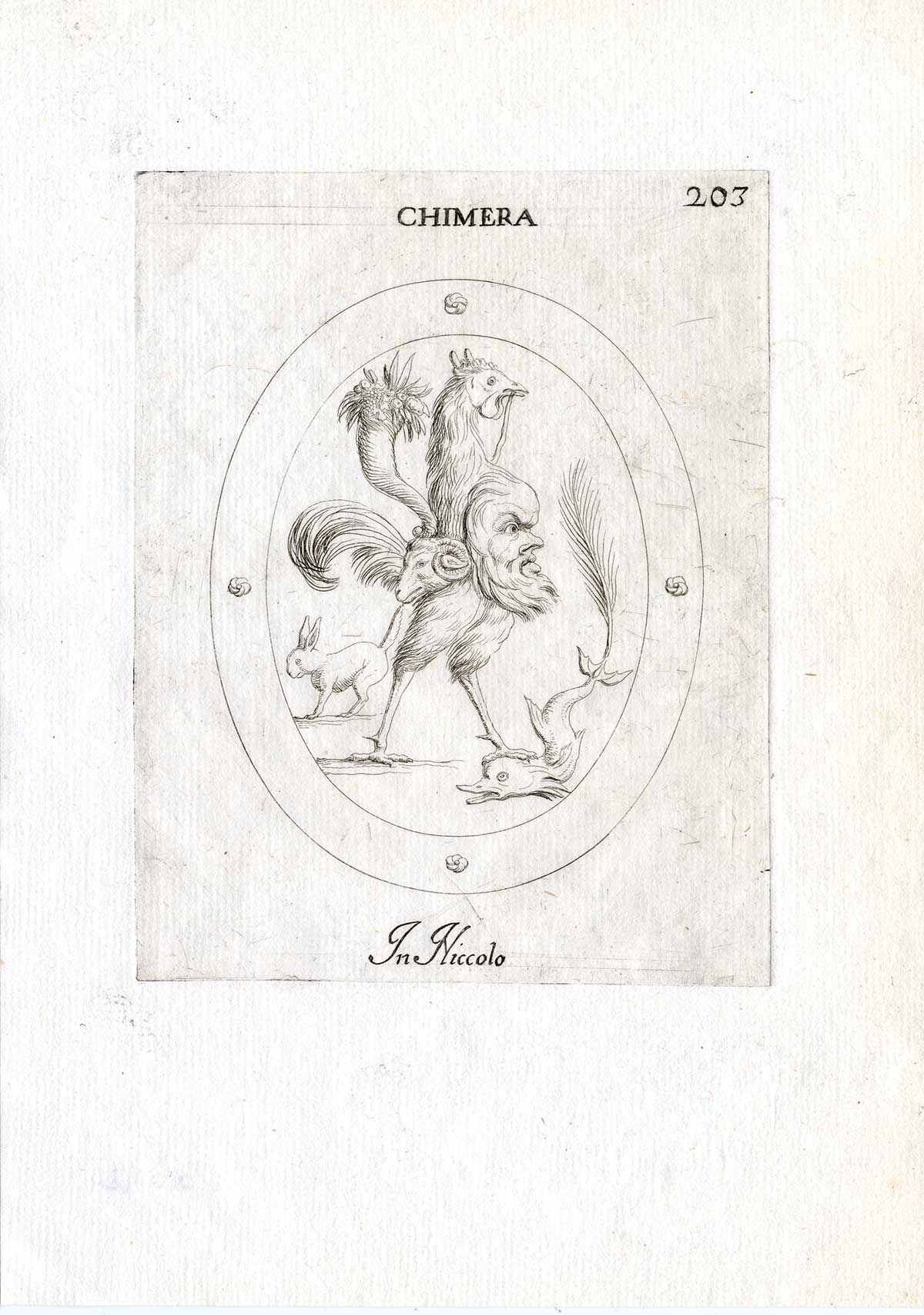, Rare Antique Print-CHIMERA-ROOSTER-FAUN-RABBIT-Pl. 203-Agostini-Battista-1657, Pictura Antique Prints