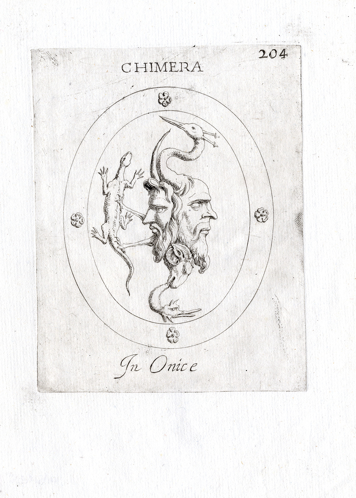 , Rare Antique Print-CHIMERA-FACE-HERON-LIZARD-Pl. 204-Agostini-Battista-1657, Pictura Antique Prints
