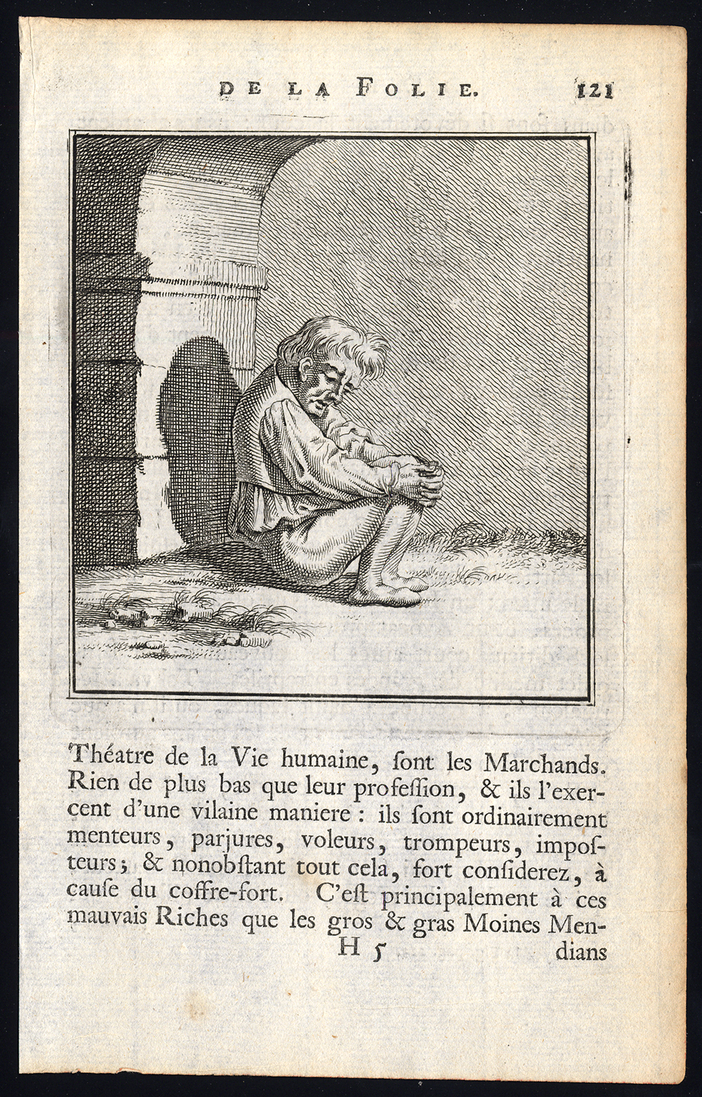 , Antique Print-PRAISE OF FOLLY-MAN-VAULT-Holbein-Erasmus-1728, Pictura Antique Prints