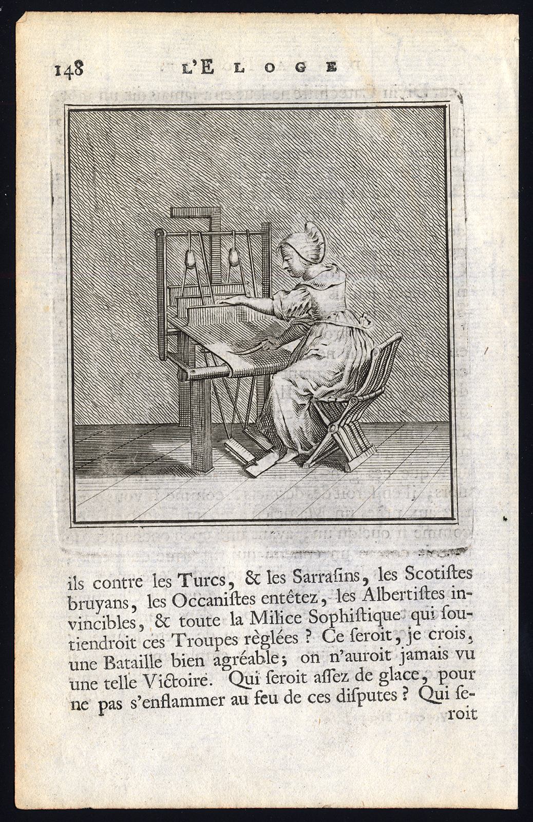 , Antique Print-PRAISE OF FOLLY-LOOM-WOMAN-Holbein-Erasmus-1728, Pictura Antique Prints