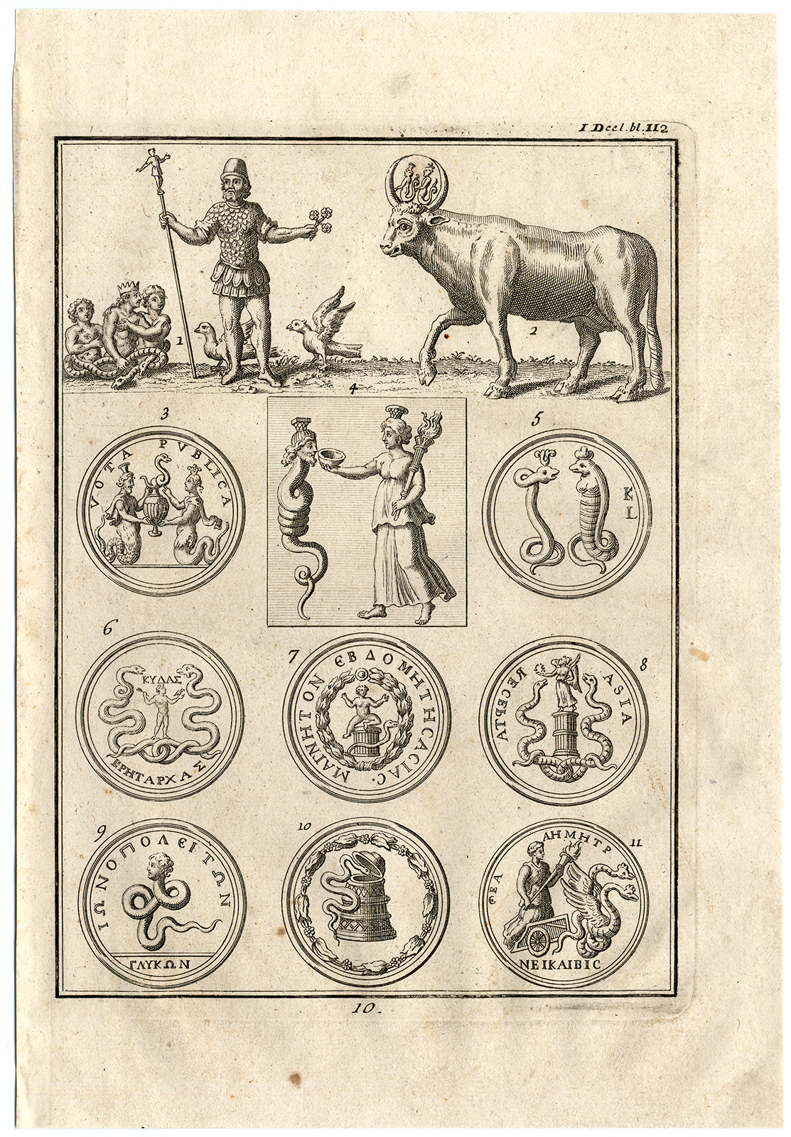 , Antique Print-OSIRIS-ISIS-APIS-HALF SNAKE-ESCULAPIUS-HYGEIA-Creite-Fiteau-1731, Pictura Antique Prints