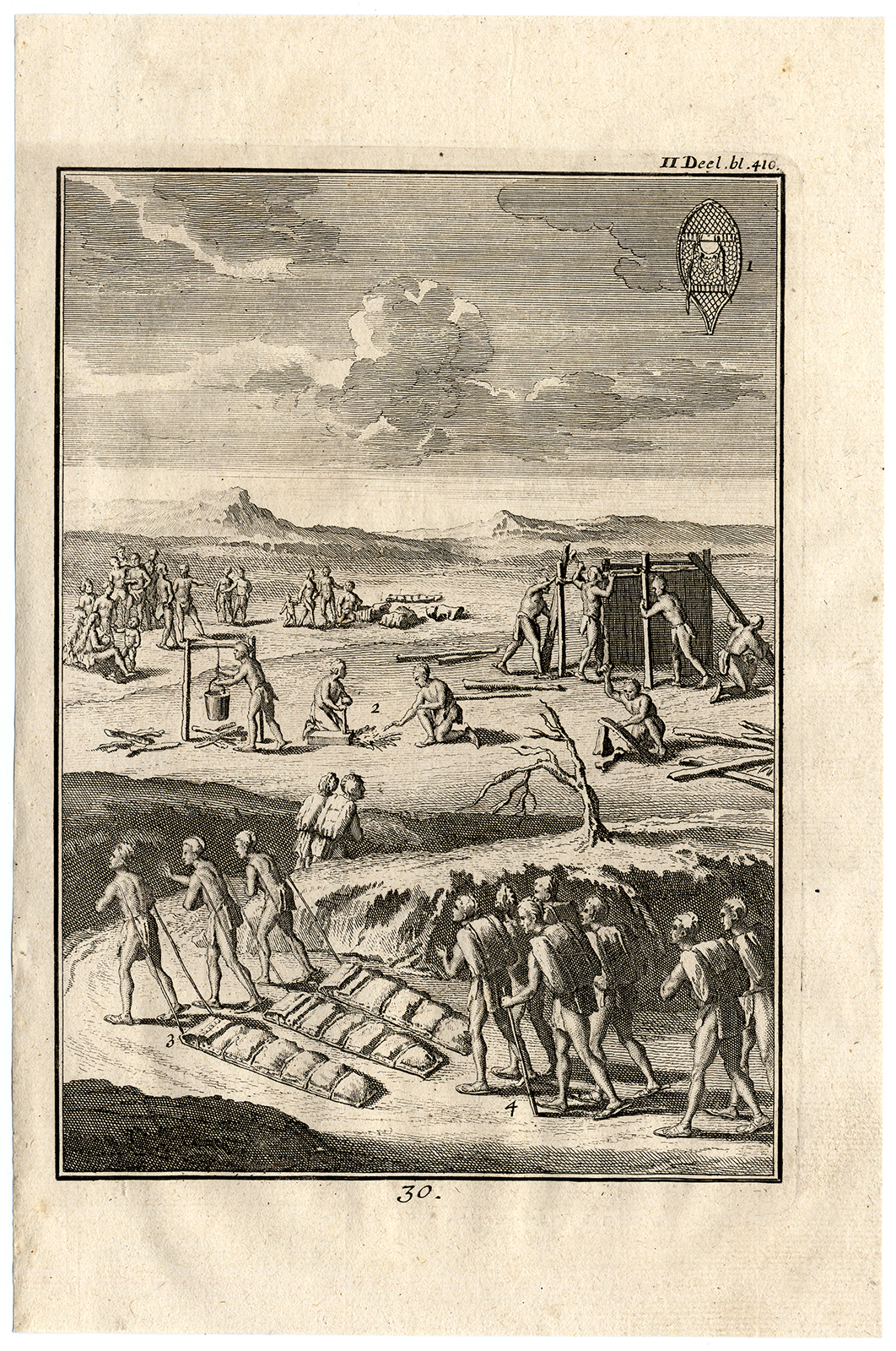 Ab5224 416x627 Antique Print-NATIVE AMERICAN-SNOW-SNOWSHOE-SLED-BIVOUAC-Creite-Fiteau-1731