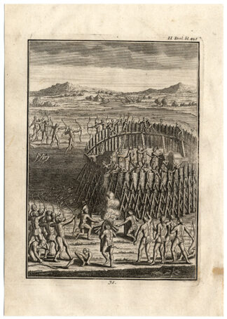 Antique Print-NATIVE AMERICAN-SIEGE-PALLISADE-FIRE-BOW-Creite-Fiteau-1731