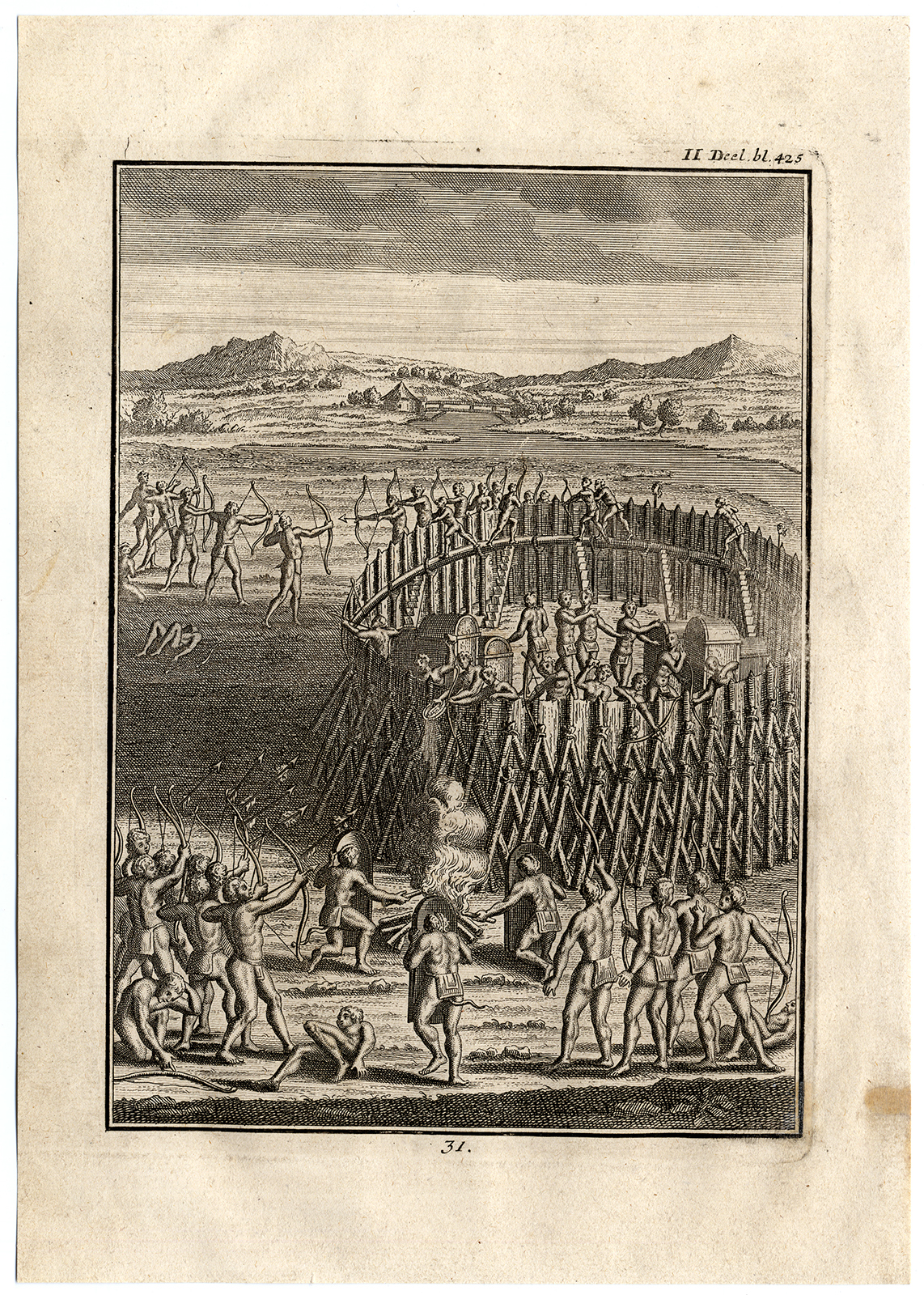 , Antique Print-NATIVE AMERICAN-SIEGE-PALLISADE-FIRE-BOW-Creite-Fiteau-1731, Pictura Antique Prints