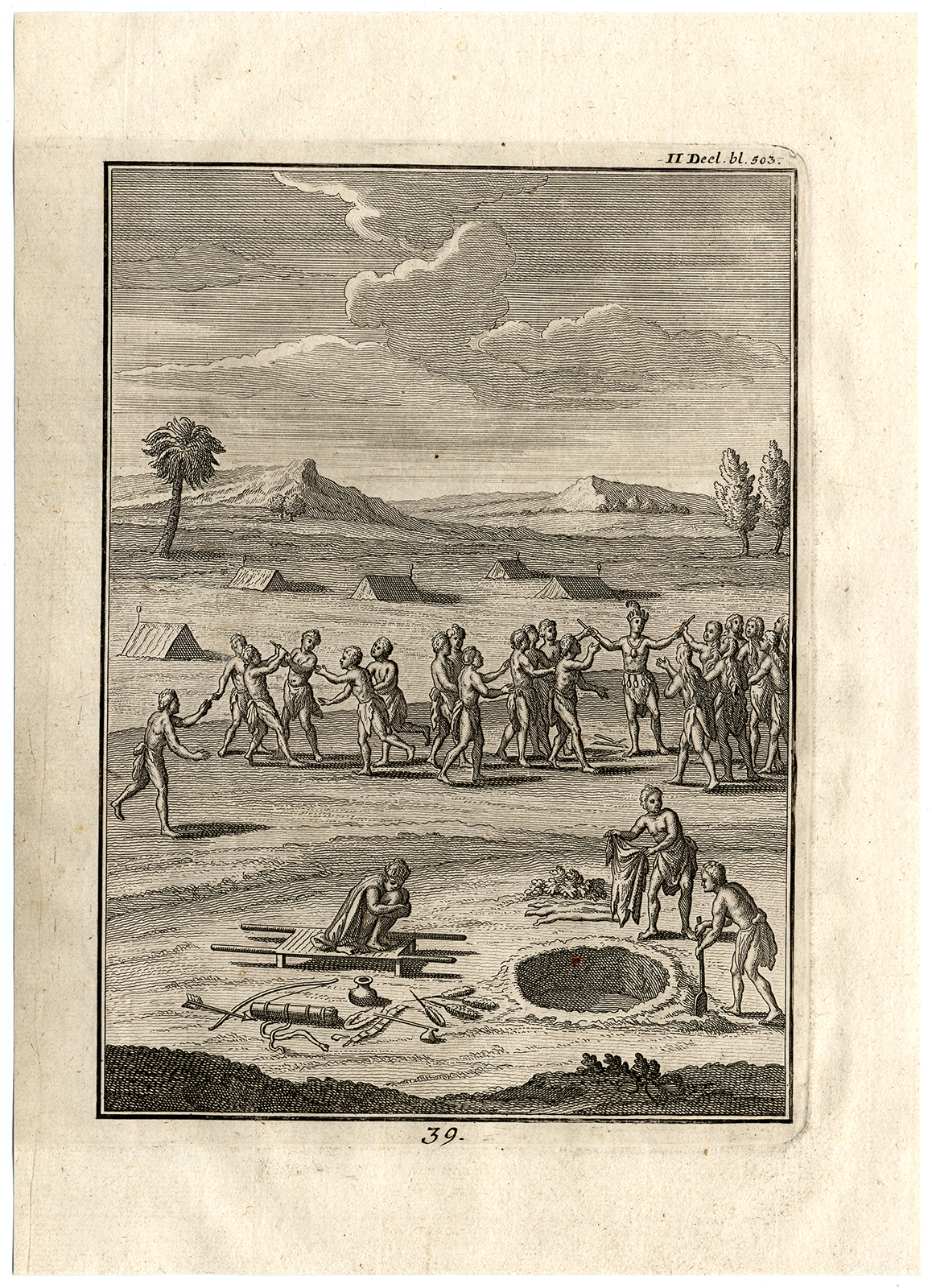 , Antique Print-IROQUOIS-NATIVE AMERICAN-BURIAL-CEREMONY-FIGHT-Creite-Fiteau-1731, Pictura Antique Prints