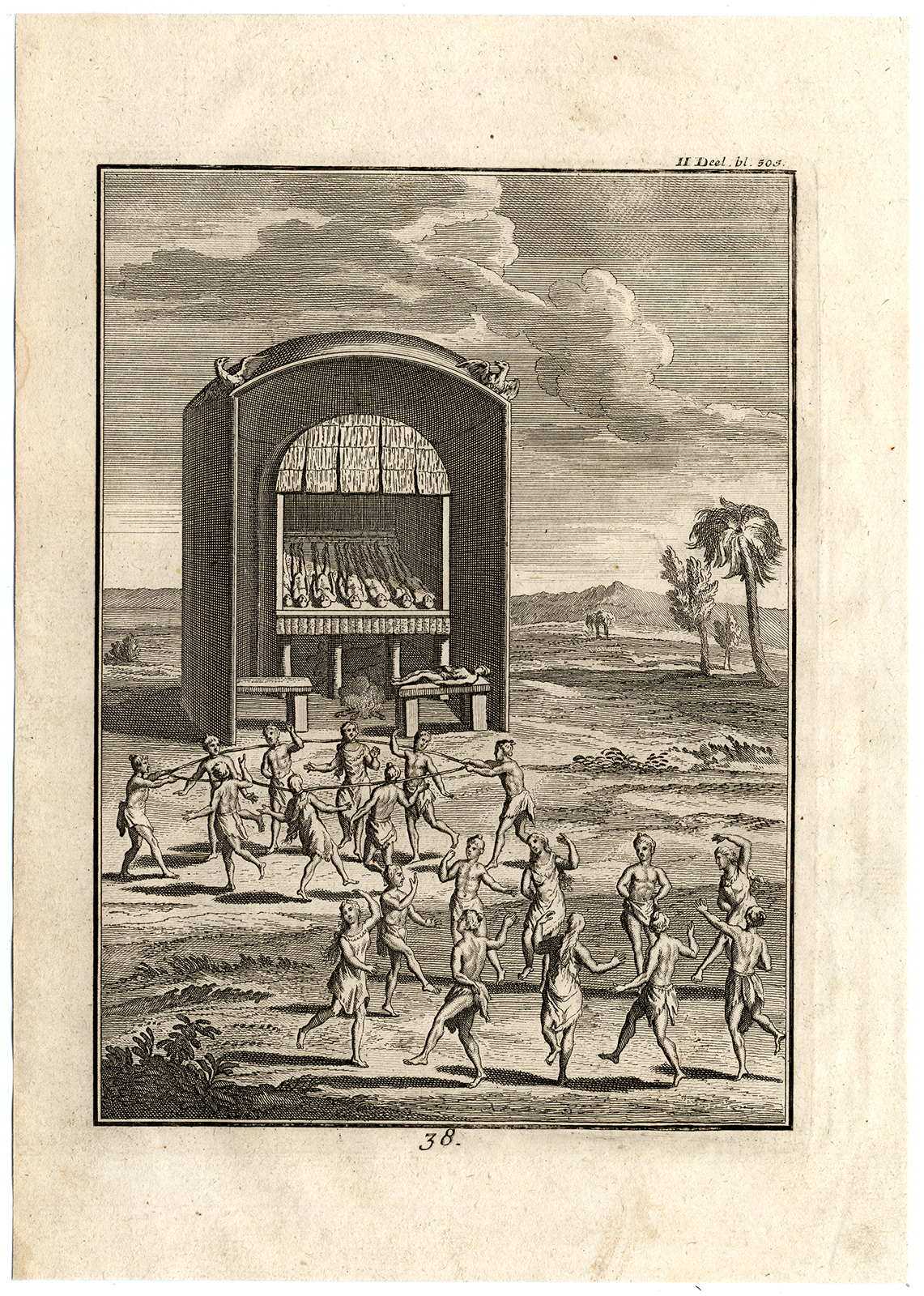 , Antique Print-BURIAL RITE-NATIVE AMERICAN CHIEF-STRANGLING-Creite-Fiteau-1731, Pictura Antique Prints