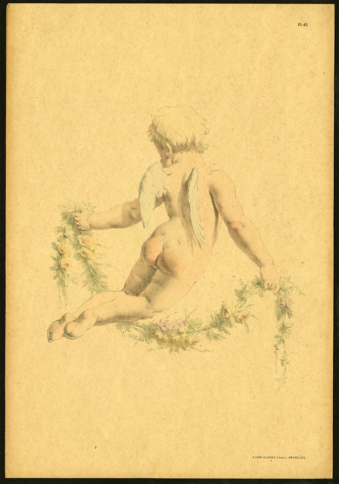 , Antique Print-PL 45-ETUDES D’ENFANTS-FLY-PUTTO-GARLAND-ROSE-Meyer-1892, Pictura Antique Prints
