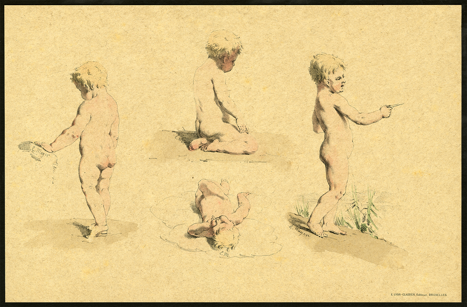 , Antique Print-ETUDES D’ENFANTS-PUTTI-CLOUD-PEDESTAL-Meyer-1892, Pictura Antique Prints