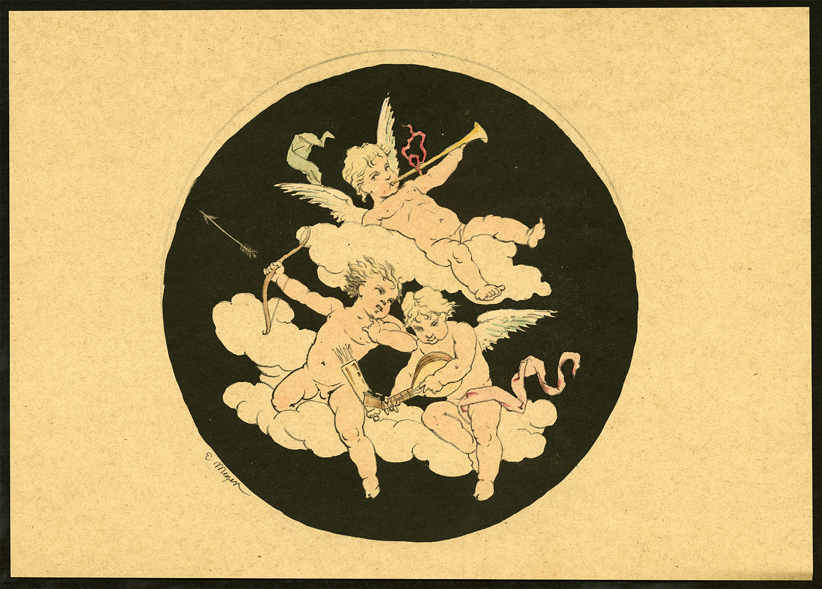 Ab8555 416x298 Antique Print-ETUDES D'ENFANTS-CHERUB-PUTTO-TRUMPET-LUTE-BOW-ARROW-Meyer-1892