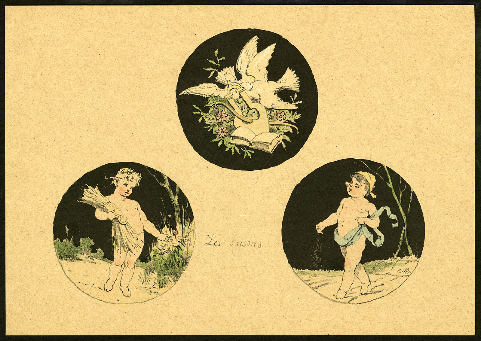 , Antique Print-ETUDES D’ENFANTS-SEASONS-SOW-HARVEST-DOVE-LYRE-Meyer-1892, Pictura Antique Prints