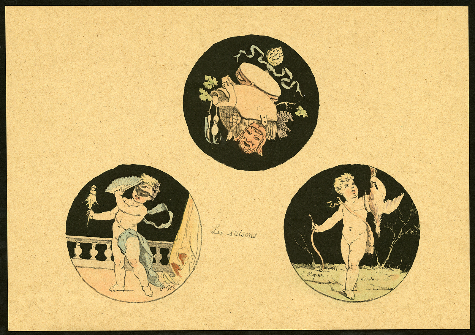 , Antique Print-ETUDES D’ENFANTS-SEASONS-CARNIVAL-MASK-PARTRIDGE-HUNT-THYRSUS-Meye, Pictura Antique Prints