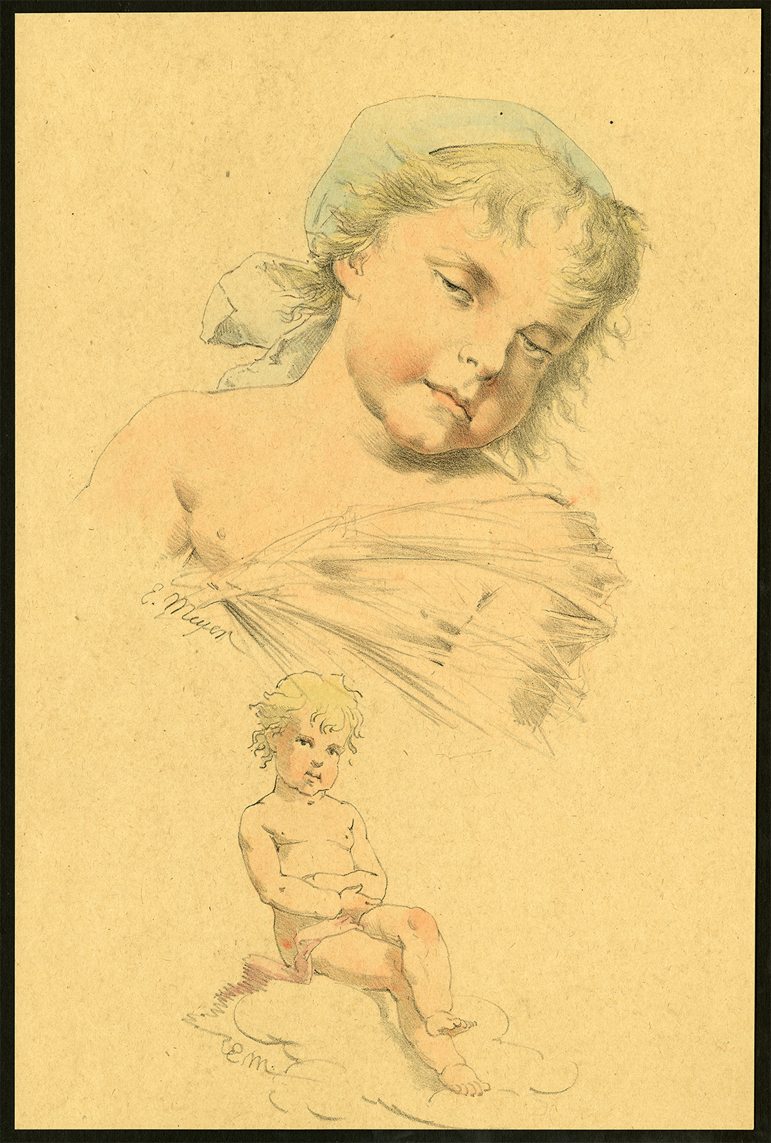 , Antique Print-ETUDES D’ENFANTS-CLOUD-GIRL-HEADSCARF-WRAP-TRANSLUCENT-Meyer-1892, Pictura Antique Prints