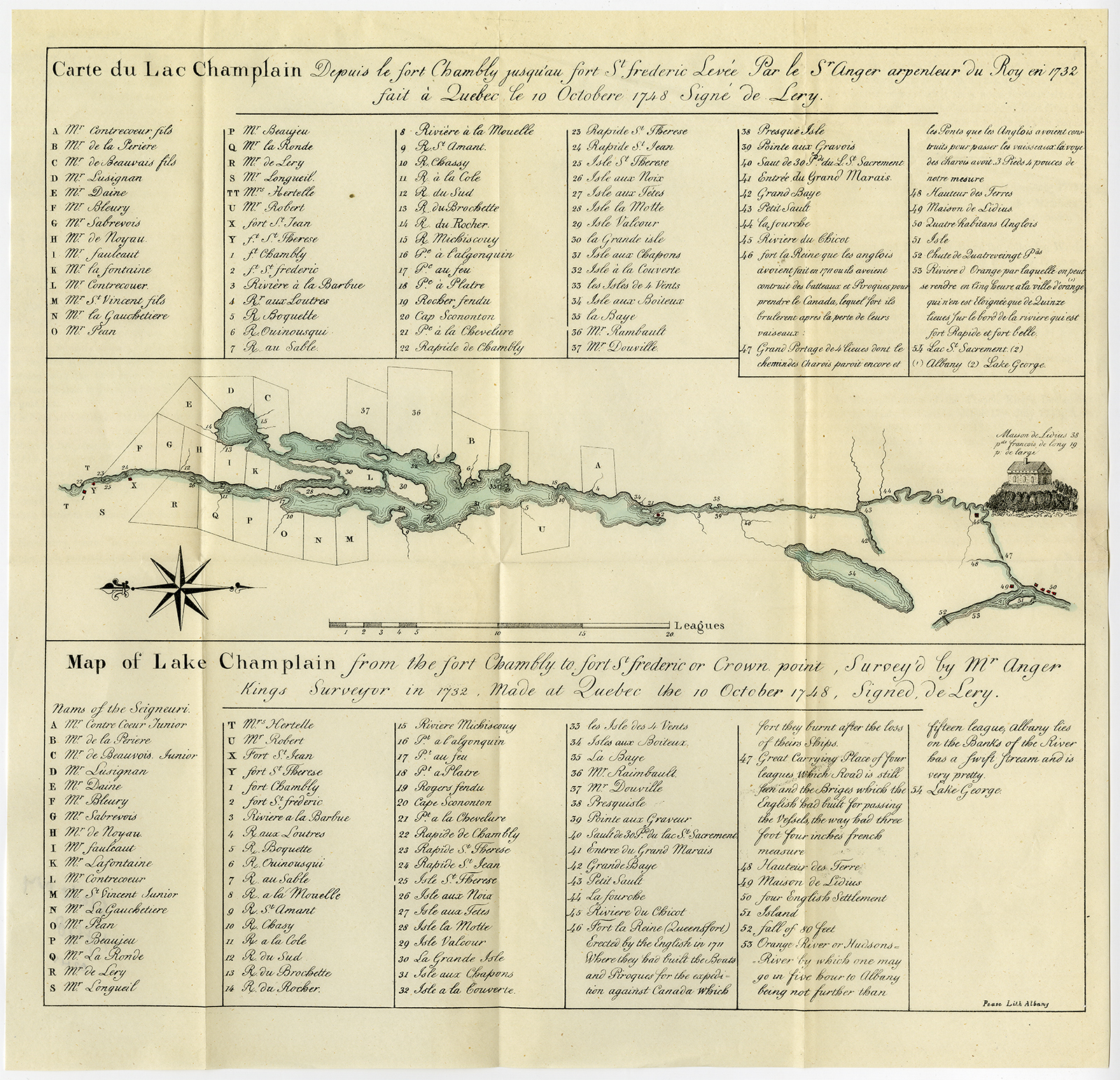 , Antique Print-LAKE CHAMPLAIN-USA-CANADA-de Lery-Pease-1849, Pictura Antique Prints