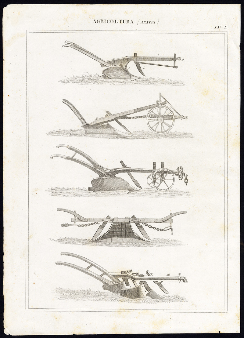 , 4 Antique Prints-AGRICULTURE-PLOUGHS-FARMING-Nuova Enciclopedia-1866, Pictura Antique Prints