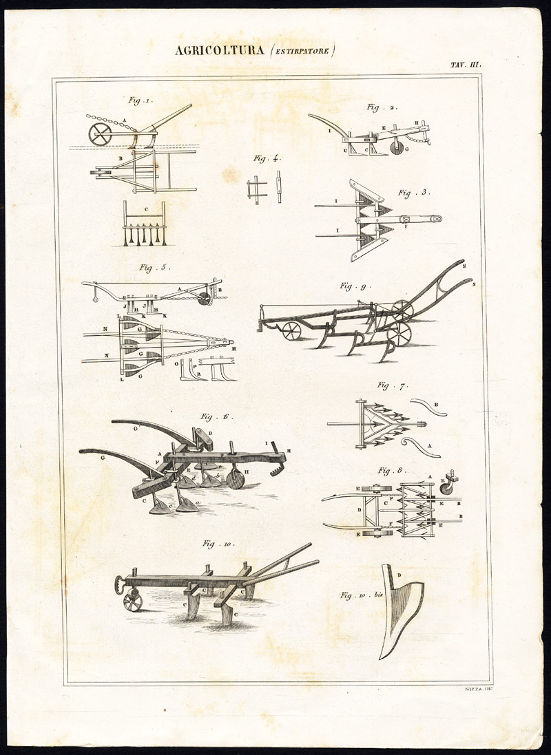 , 4 Antique Prints-AGRICULTURE-PLOUGHS-FARMING-Nuova Enciclopedia-1866, Pictura Antique Prints
