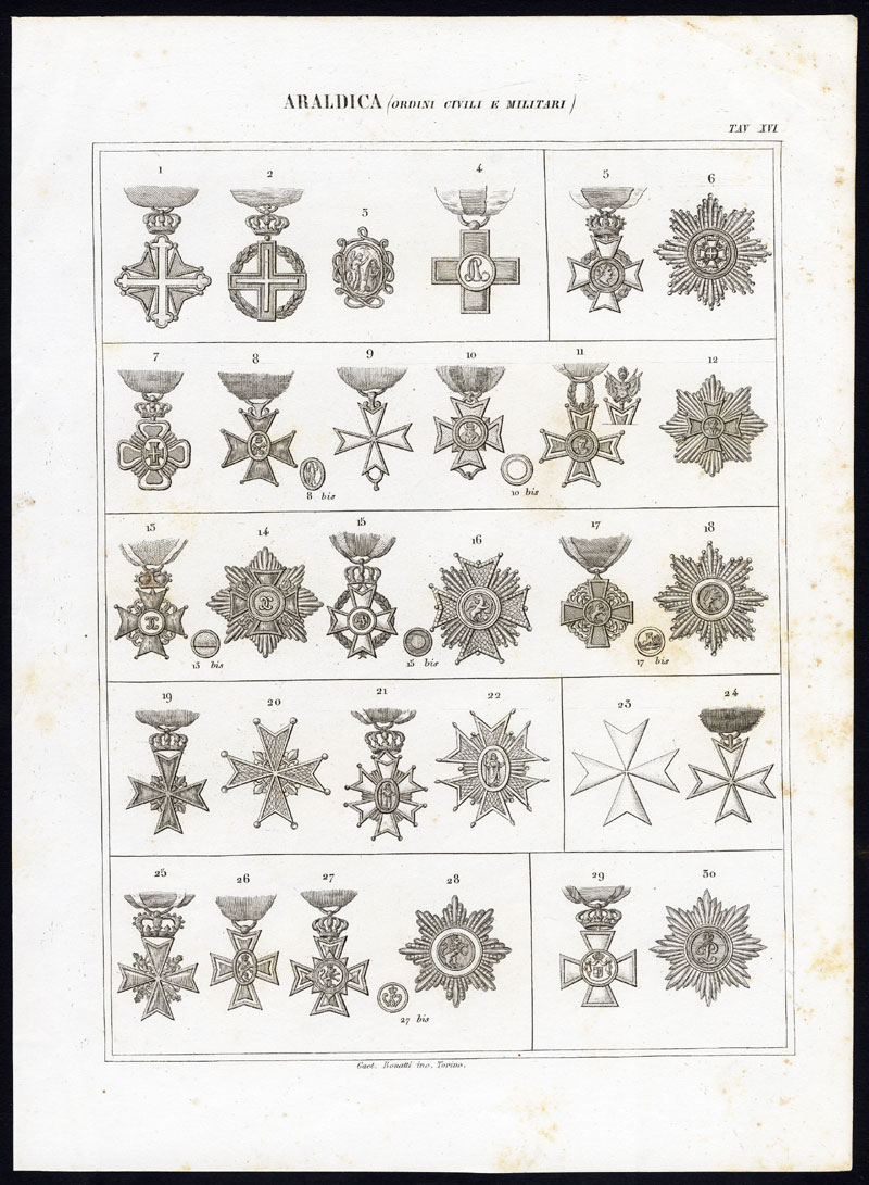 , 8 Antique Prints-HERALDRY-CIVIL AND MILITARY ORDERS-Nuova Enciclopedia-1866, Pictura Antique Prints