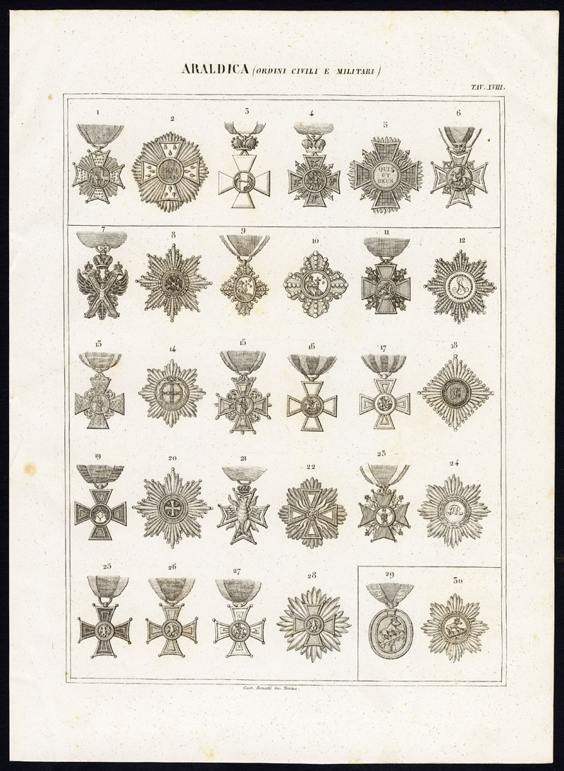 , 8 Antique Prints-HERALDRY-CIVIL AND MILITARY ORDERS-Nuova Enciclopedia-1866, Pictura Antique Prints
