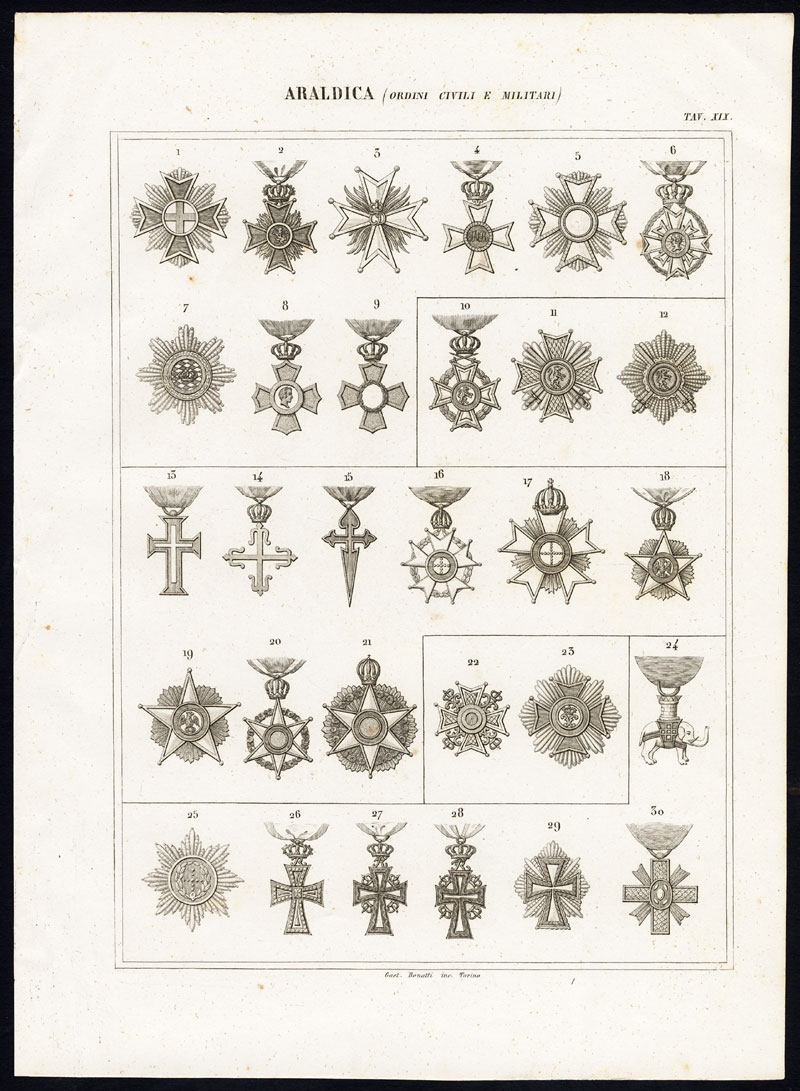 , 8 Antique Prints-HERALDRY-CIVIL AND MILITARY ORDERS-Nuova Enciclopedia-1866, Pictura Antique Prints