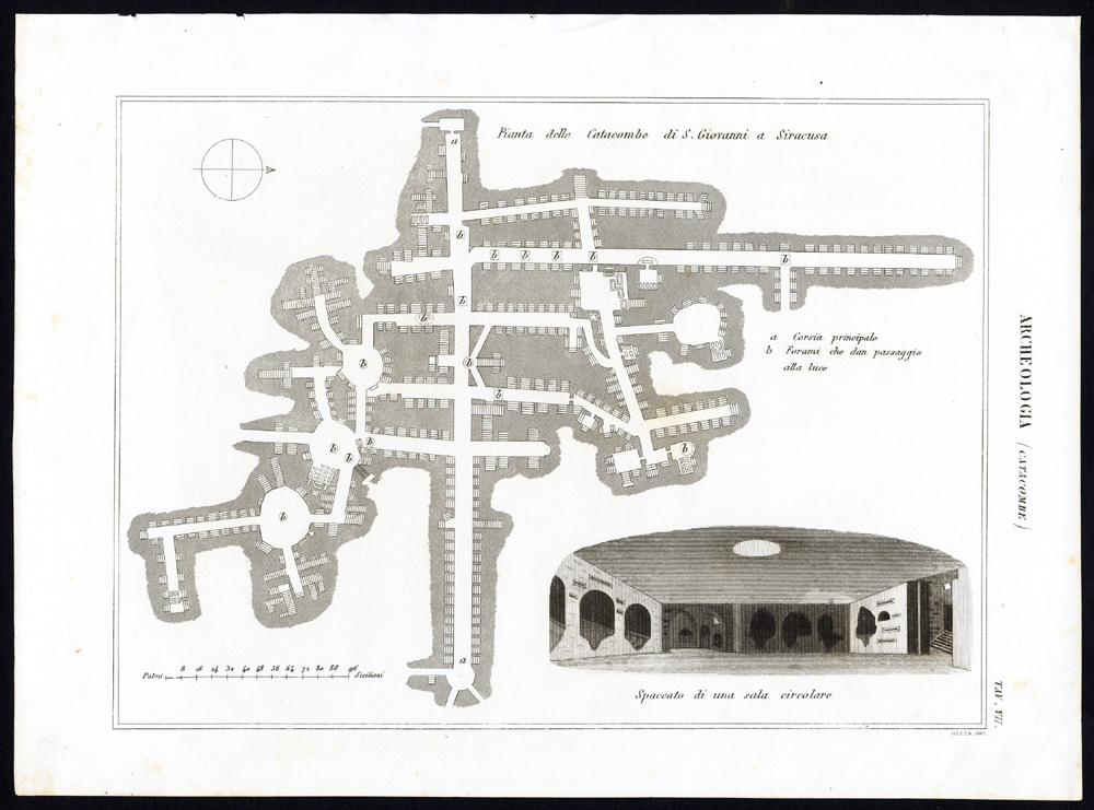 , 2 Antique Prints-ARCHAEOLOGY-CATACOMB-ITALY-SICILY-ROME-Nuova Enciclopedia-1866, Pictura Antique Prints