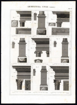 2 Antique Prints-ARCHITECTURE-CLASSICAL-COLUMNS-Pl. 6/7-Nuova Enciclopedia-1866