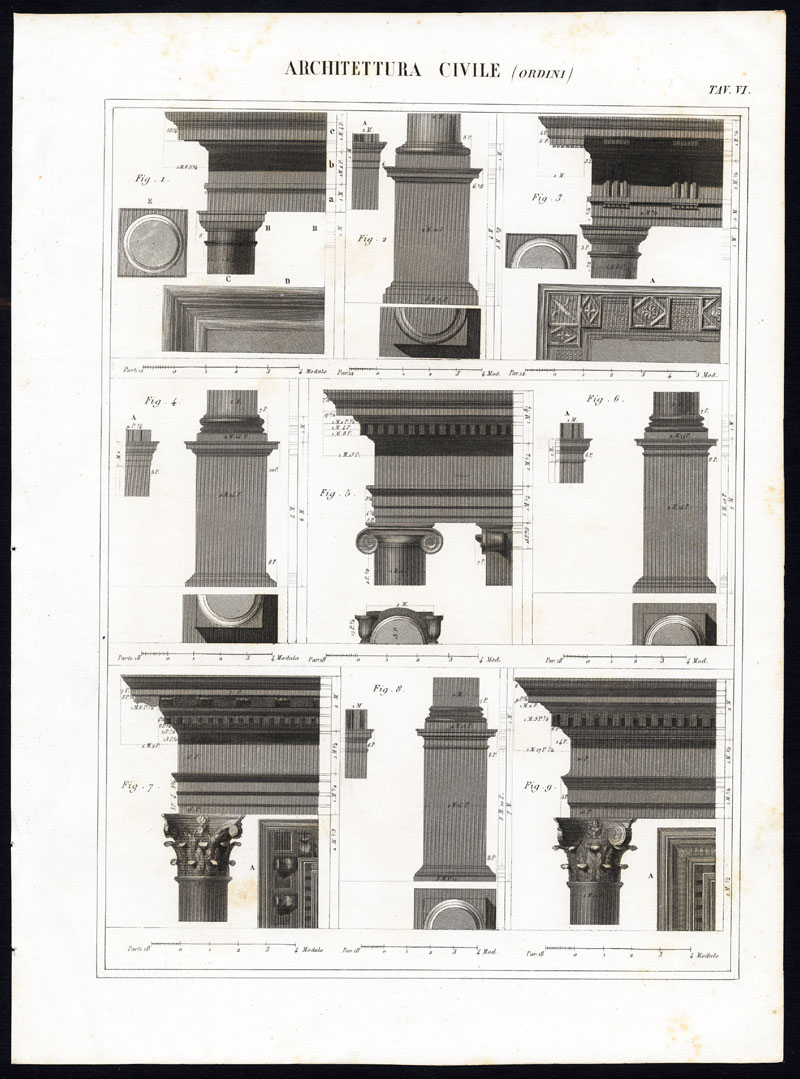 , 2 Antique Prints-ARCHITECTURE-CLASSICAL-COLUMNS-Pl. 6/7-Nuova Enciclopedia-1866, Pictura Antique Prints