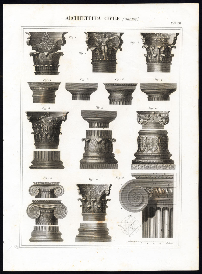 , 2 Antique Prints-ARCHITECTURE-CLASSICAL-COLUMNS-Pl. 6/7-Nuova Enciclopedia-1866, Pictura Antique Prints