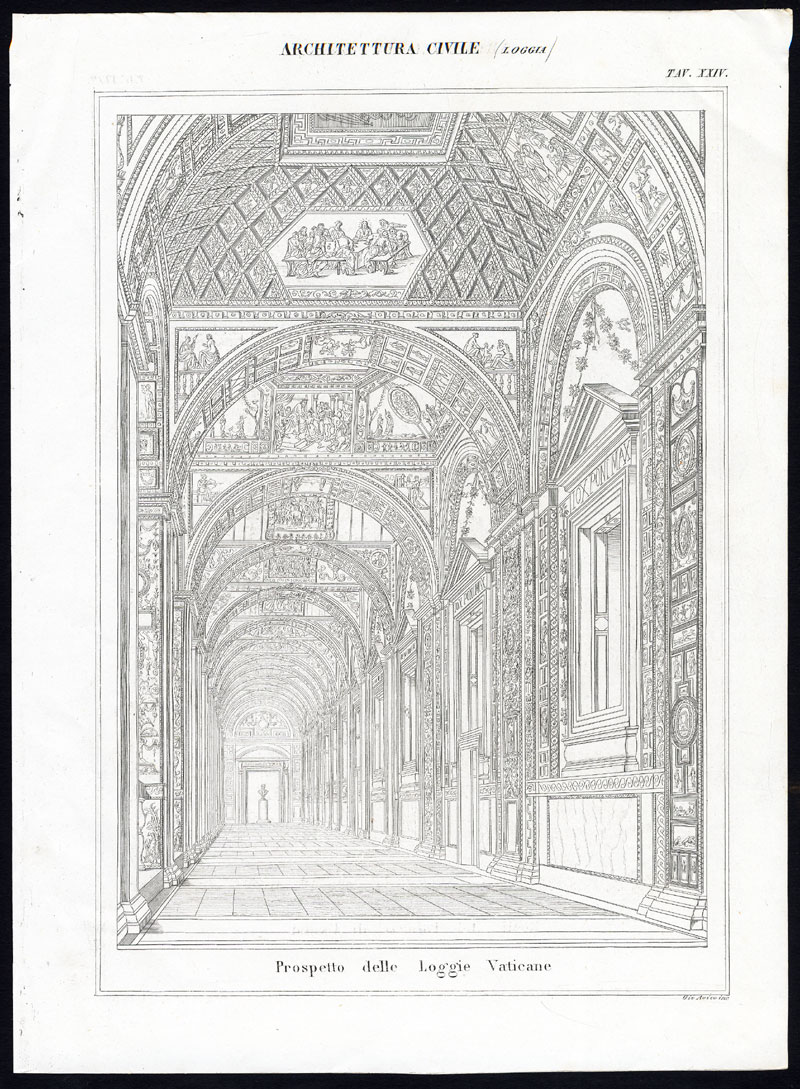 , 2 Antique Prints-ARCHITECTURE-GALLERY-VATICAN-ITALY-Nuova Enciclopedia-1866, Pictura Antique Prints