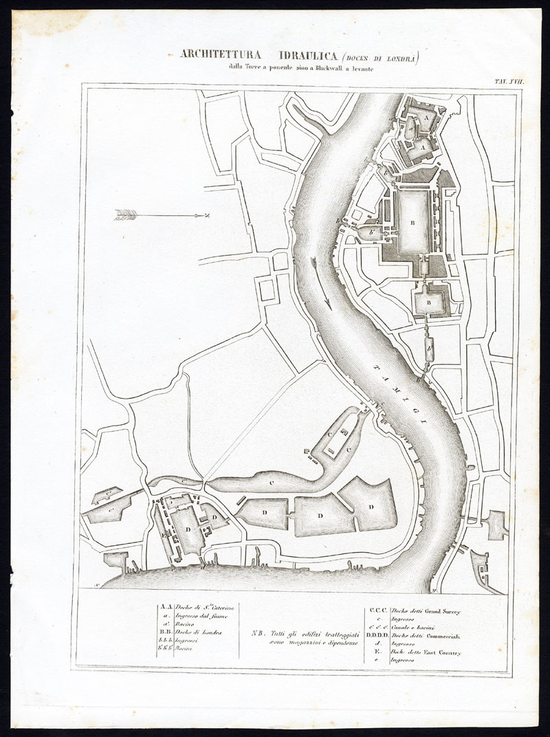 , 2 Antique Prints-WATER ENGINEERING-LONDON DOCKS-ENGLAND-Nuova Enciclopedia-1866, Pictura Antique Prints