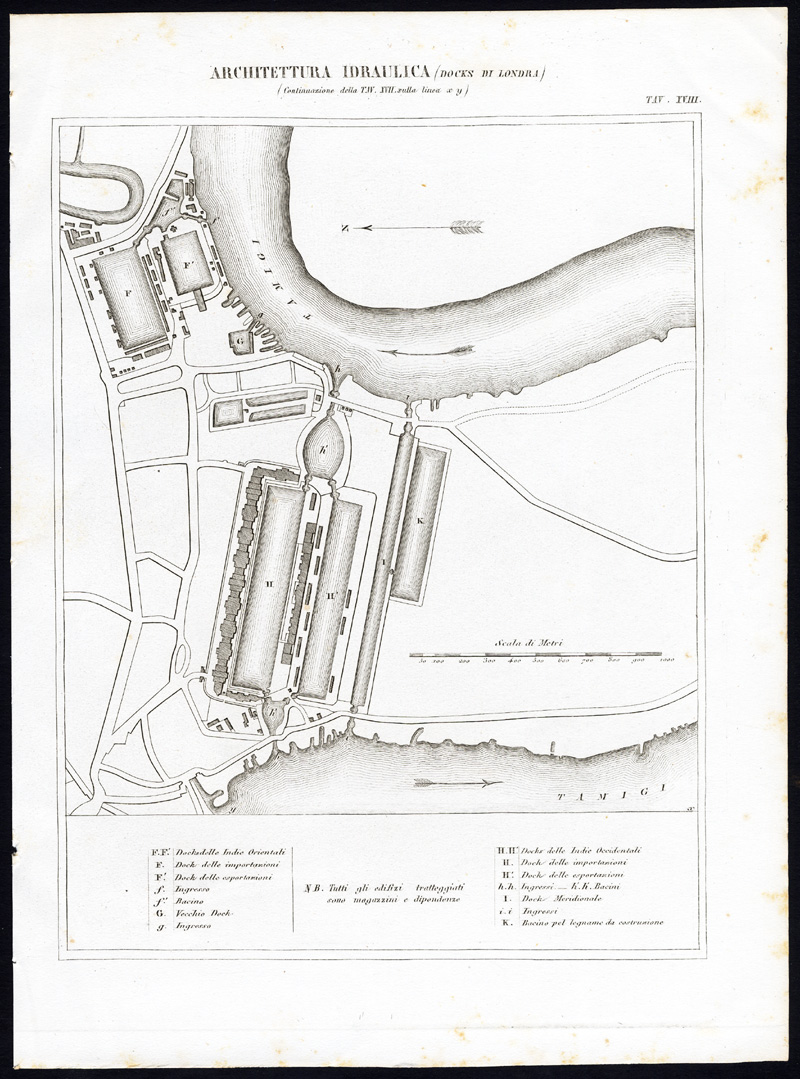 , 2 Antique Prints-WATER ENGINEERING-LONDON DOCKS-ENGLAND-Nuova Enciclopedia-1866, Pictura Antique Prints