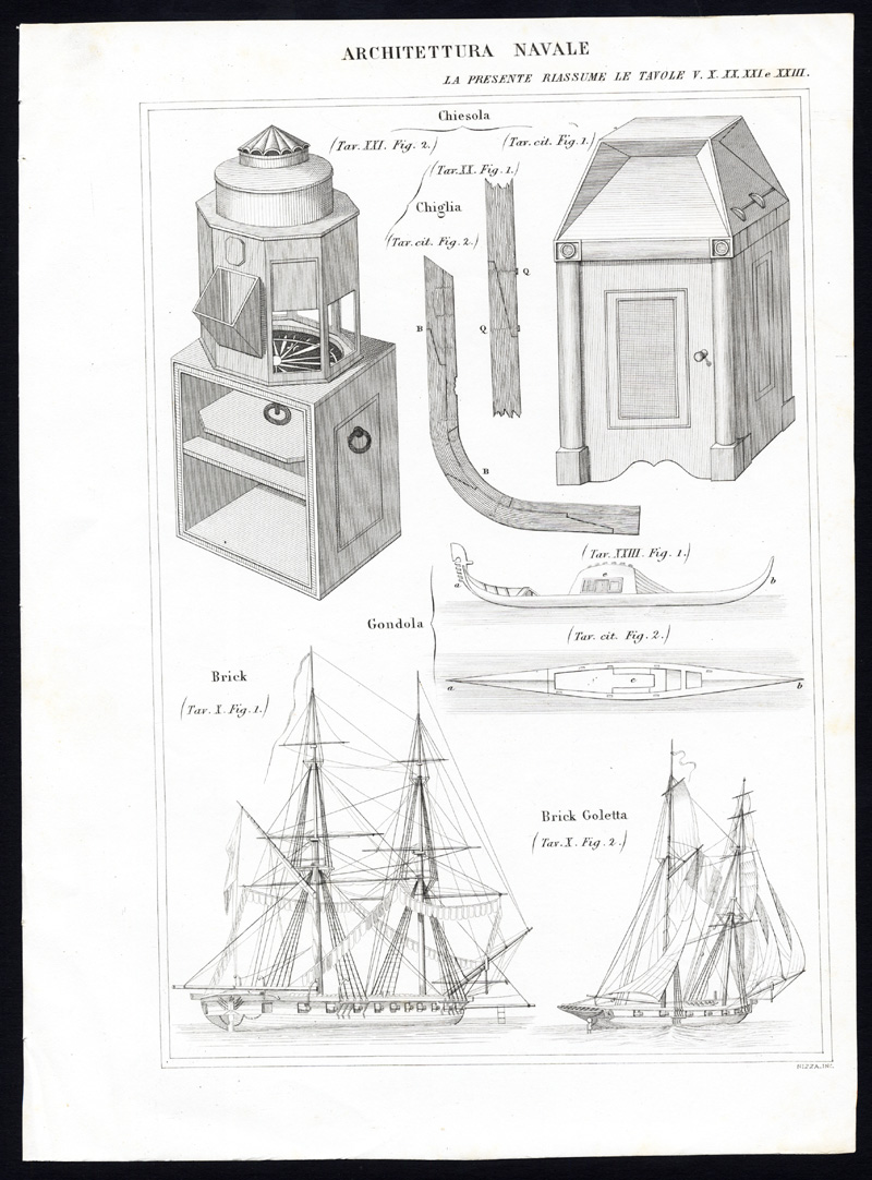 , Antique Print-NAVAL ARCHITECTURE-SHIP-BRIG-GONDOLA-Nuova Enciclopedia-1866, Pictura Antique Prints