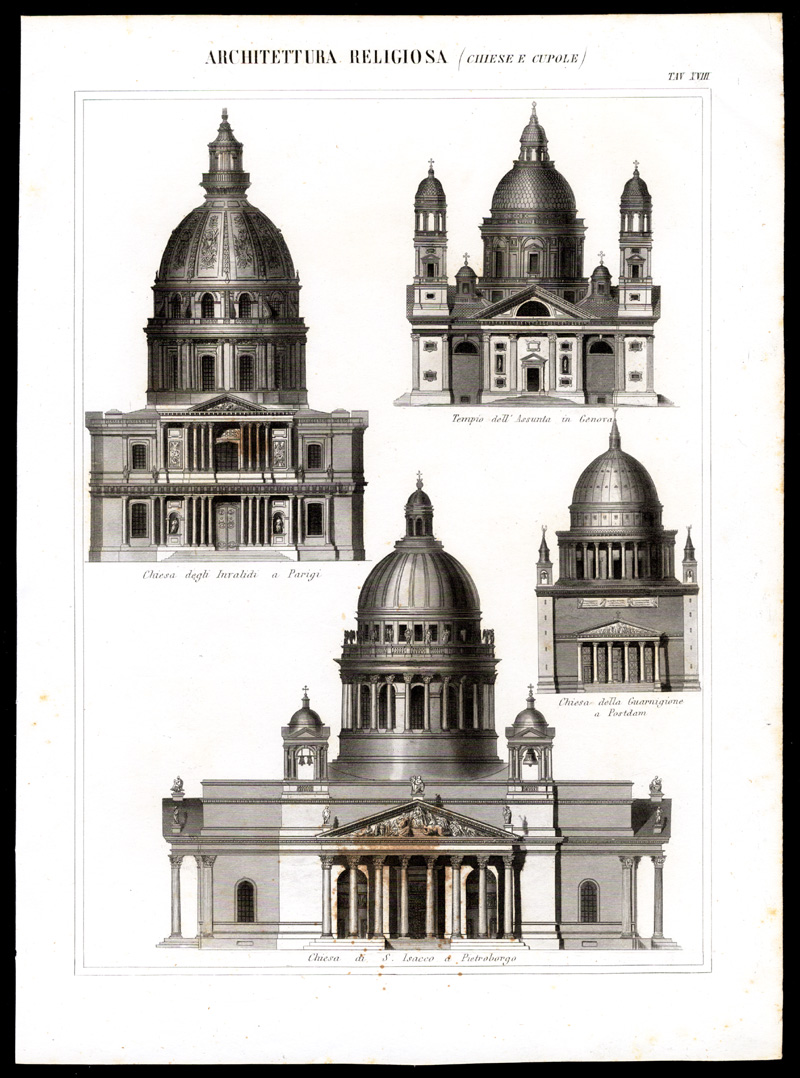 , Antique Print-DOME CHURCH-PARIS-GENUA-POTDAM-PETERSBURG-Nuova Enciclopedia-1866, Pictura Antique Prints