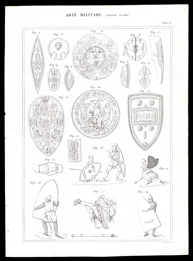 , Antique Print-MILITARY-SHIELD-BATTERING RAM-Nuova Enciclopedia-1866, Pictura Antique Prints
