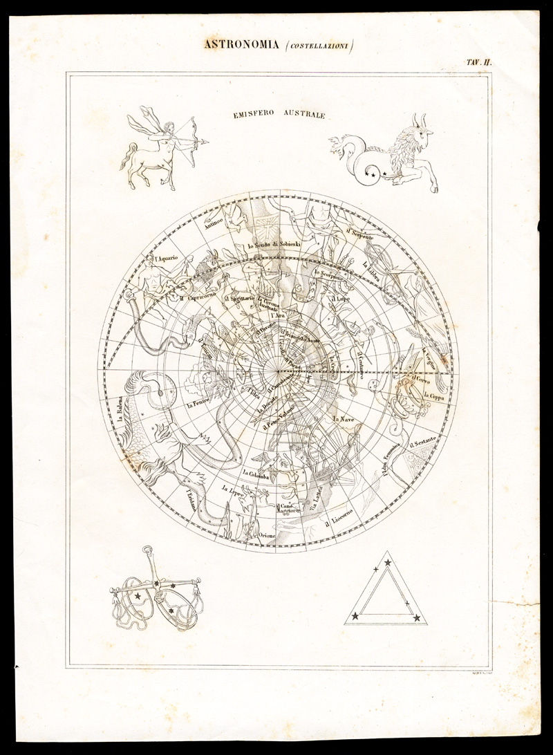 , 2 Antique Prints-ASTRONOMY-CELESTIAL HEMISPHERE-ZODIAC-Nuova Enciclopedia-1866, Pictura Antique Prints