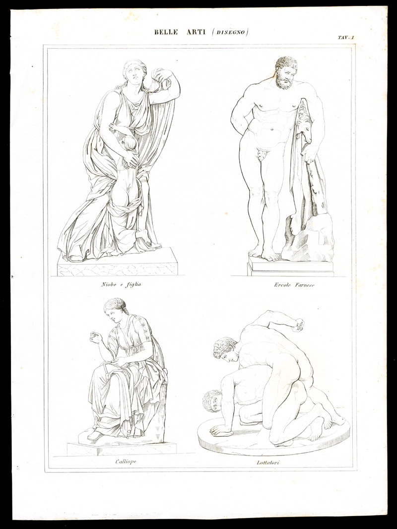 , Antique Print-FINE ARTS-DRAWING-CALLIOPE-WRESTLING-Nuova Enciclopedia-1866, Pictura Antique Prints