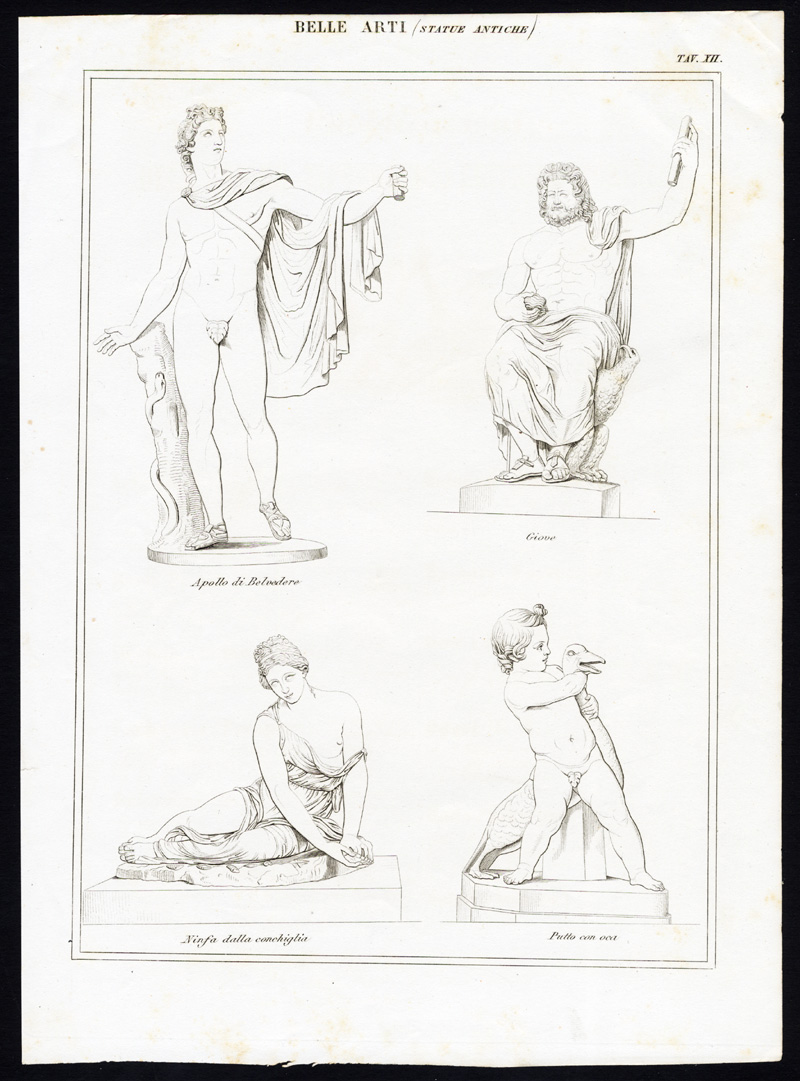 , 4 Antique Prints-FINE ARTS-SCULPTURE-STATUE-ROMAN ART-Nuova Enciclopedia-1866, Pictura Antique Prints
