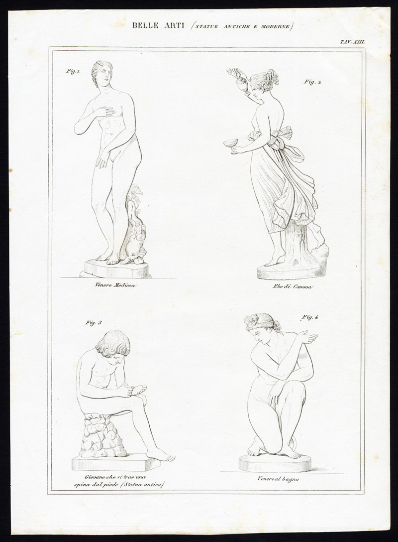 , 4 Antique Prints-FINE ARTS-SCULPTURE-STATUE-ROMAN ART-Nuova Enciclopedia-1866, Pictura Antique Prints