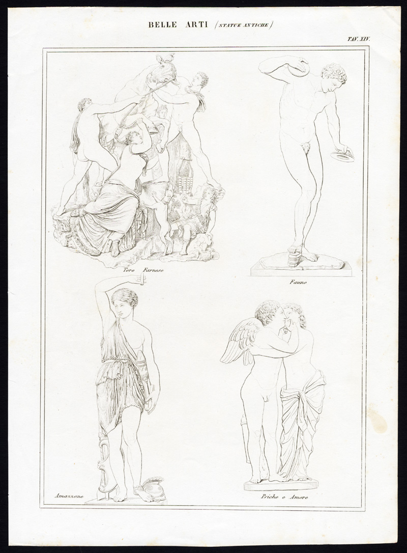 , 4 Antique Prints-FINE ARTS-SCULPTURE-STATUE-ROMAN ART-Nuova Enciclopedia-1866, Pictura Antique Prints