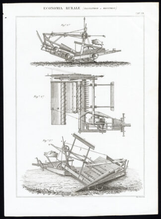 2 Antique Prints-MOWING MACHINE-HARVESTER-AGRICULTURE-Nuova Enciclopedia-1866