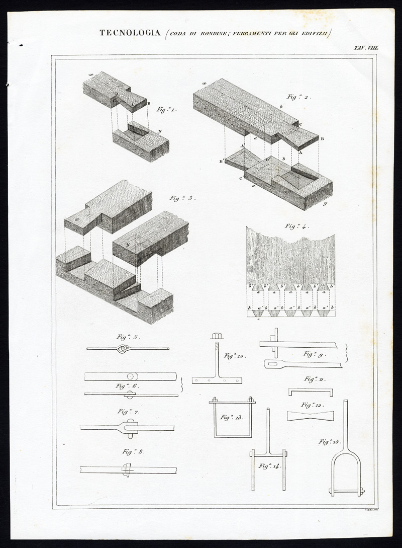 , Antique Print-TECHNOLOGY-DOVETAIL JOINT-BUILDING-Nuova Enciclopedia-1866, Pictura Antique Prints